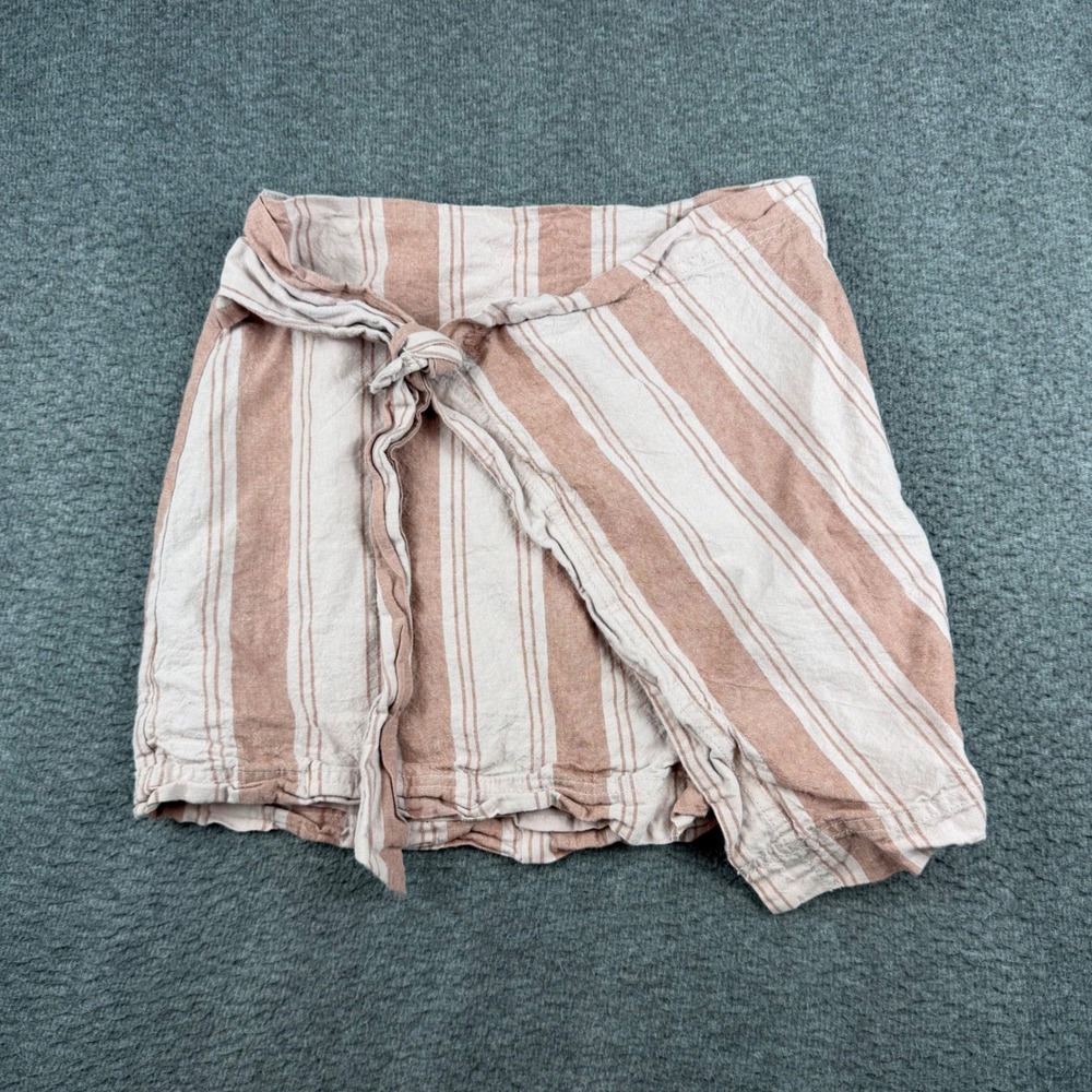 Free People Wrap Mini Skirt Women's 6 Terracotta Striped Linen‎ Blend Tie Side